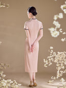 Pink Lace-Trim Qipao Midi Dress | Mandarin Collar Slim Cheongsam with Side Slit