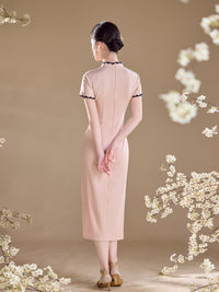 Pink Lace-Trim Qipao Midi Dress | Mandarin Collar Slim Cheongsam with Side Slit
