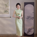 Mint Green Tonal Jacquard Sleeveless Qipao Maxi Dress | Mandarin Collar Slim Slit Cheongsam