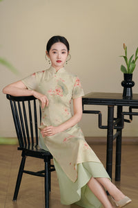 Mint-Green Watercolor Lotus Qipao Midi | Mandarin Short Sleeves