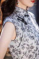 Vintage Floral Qipao Sleeveless Long Dress | Cool Grey-Black Leaf Motif