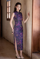 Purple Butterfly-Print Modern Qipao Midi | Sleeveless Mandarin Neck
