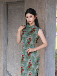 Green Rose Floral Print Sleeveless Mesh Qipao Dress|Slim Mandarin Midi Cheongsam