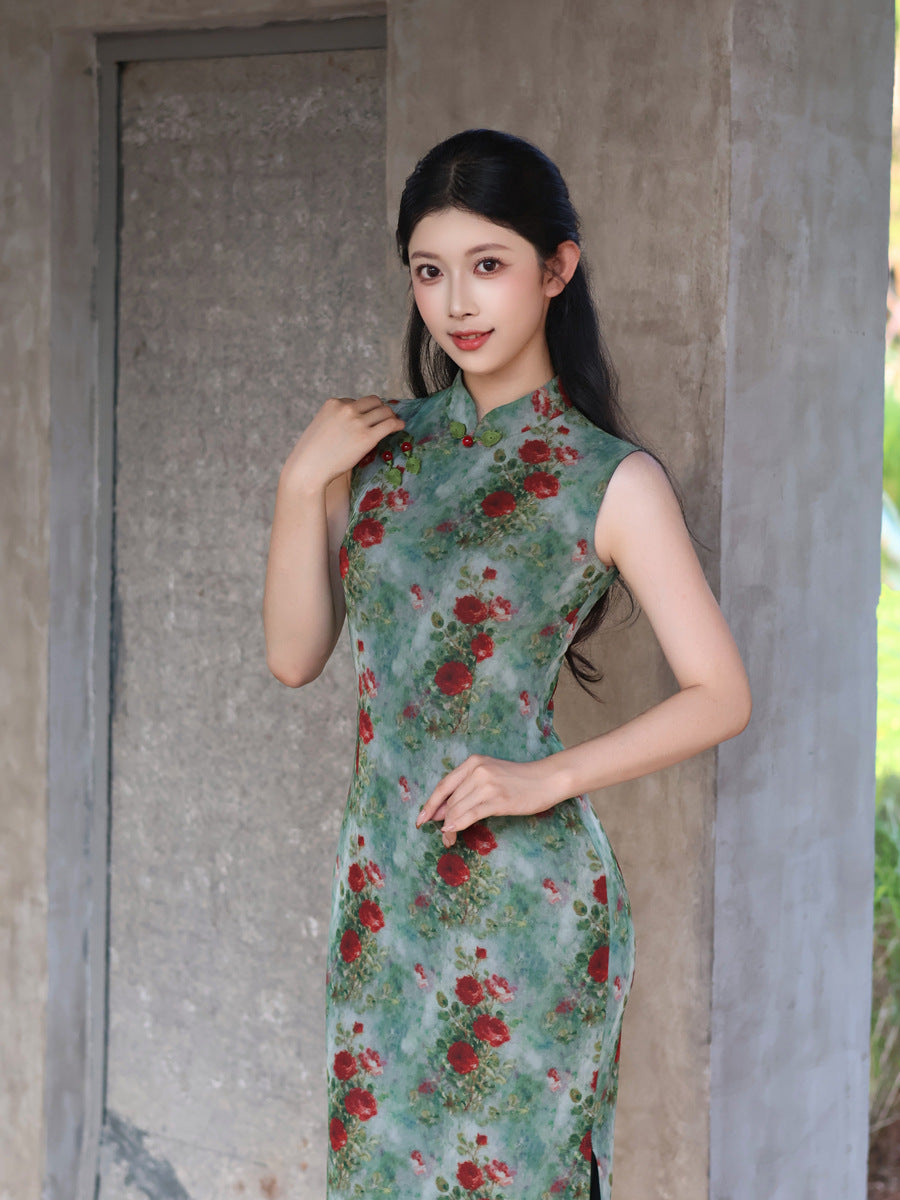 Green Rose Floral Print Sleeveless Mesh Qipao Dress|Slim Mandarin Midi Cheongsam
