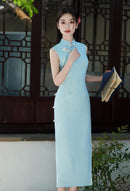 Aqua Jacquard Modern Qipao Maxi | Mandarin Neck with Floral Frog Buttons