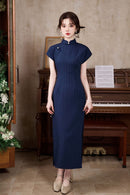 New Chinese Style Vintage Cheongsam Dress | Ribbed Slim Midi Mandarin
