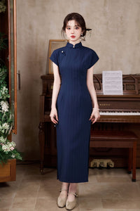 New Chinese Style Vintage Cheongsam Dress | Ribbed Slim Midi Mandarin