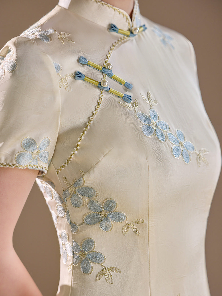 Ivory Blue Floral Embroidered Short Sleeve Qipao Maxi Dress | Mandarin Collar Slit Cheongsam