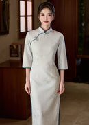 Ice-Blue Jacquard Qipao | 3/4 Sleeve Slim Long Dress