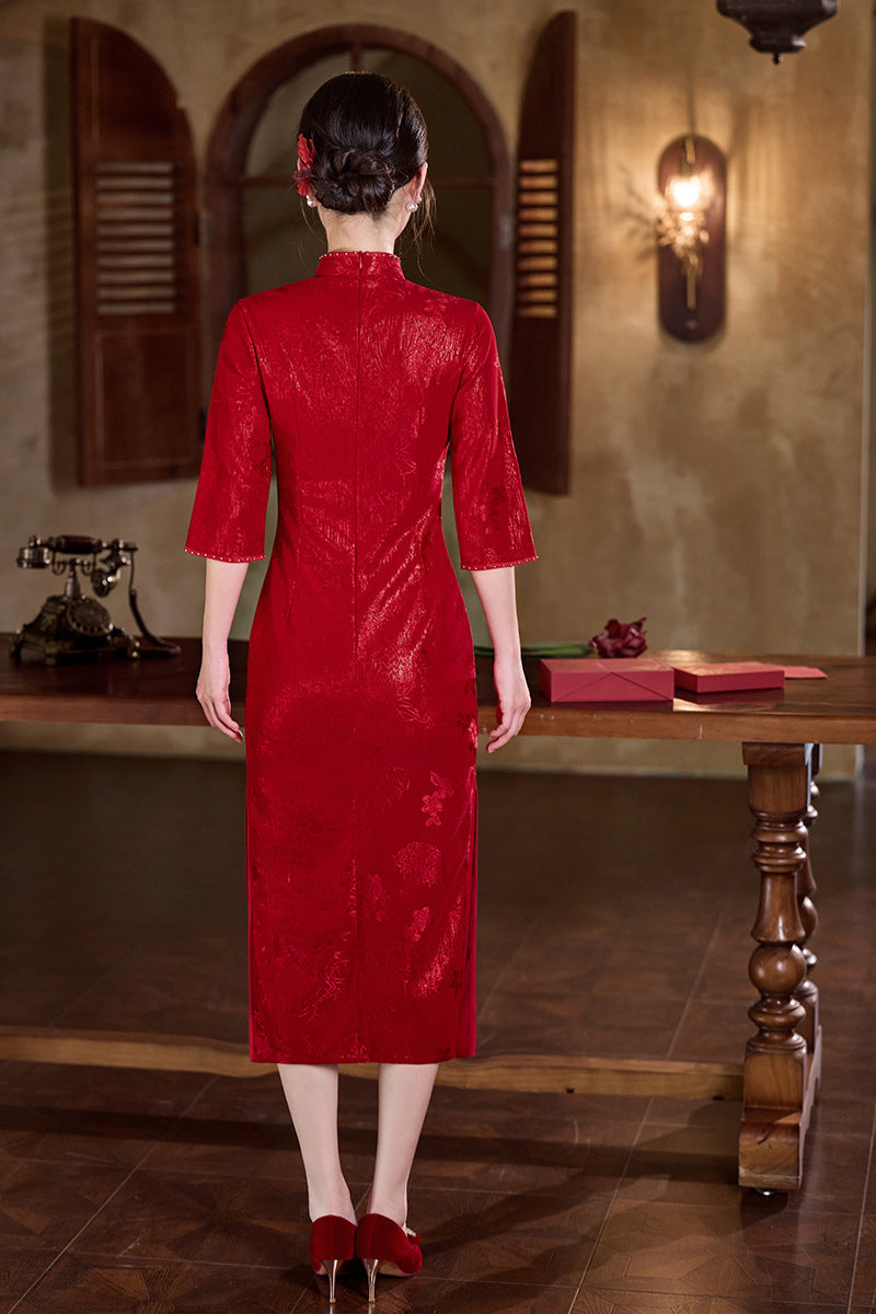 Crimson Bamboo-Embroidered Modern Qipao Midi | Mandarin Collar with Beaded Button