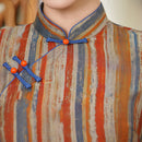 Modern Chinese Retro Striped Qipao Dress | Mandarin Collar Frog Buttons Slim Midi Side Slit