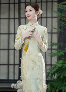 Vintage Long-Sleeve Daily Qipao | Mandarin Collar, Side Placket & Slit Gown