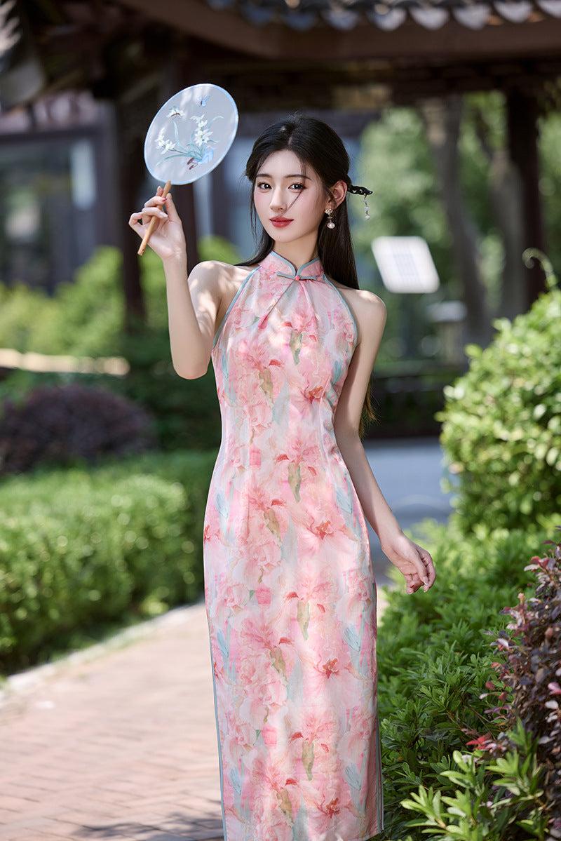 Sleeveless Slim Qipao | Watercolor Print Modern Cheongsam Maxi