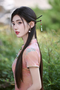 Peach Floral Short Qipao Dress for Women | Green Piping Frog Buttons Mandarin Collar Slim Fit