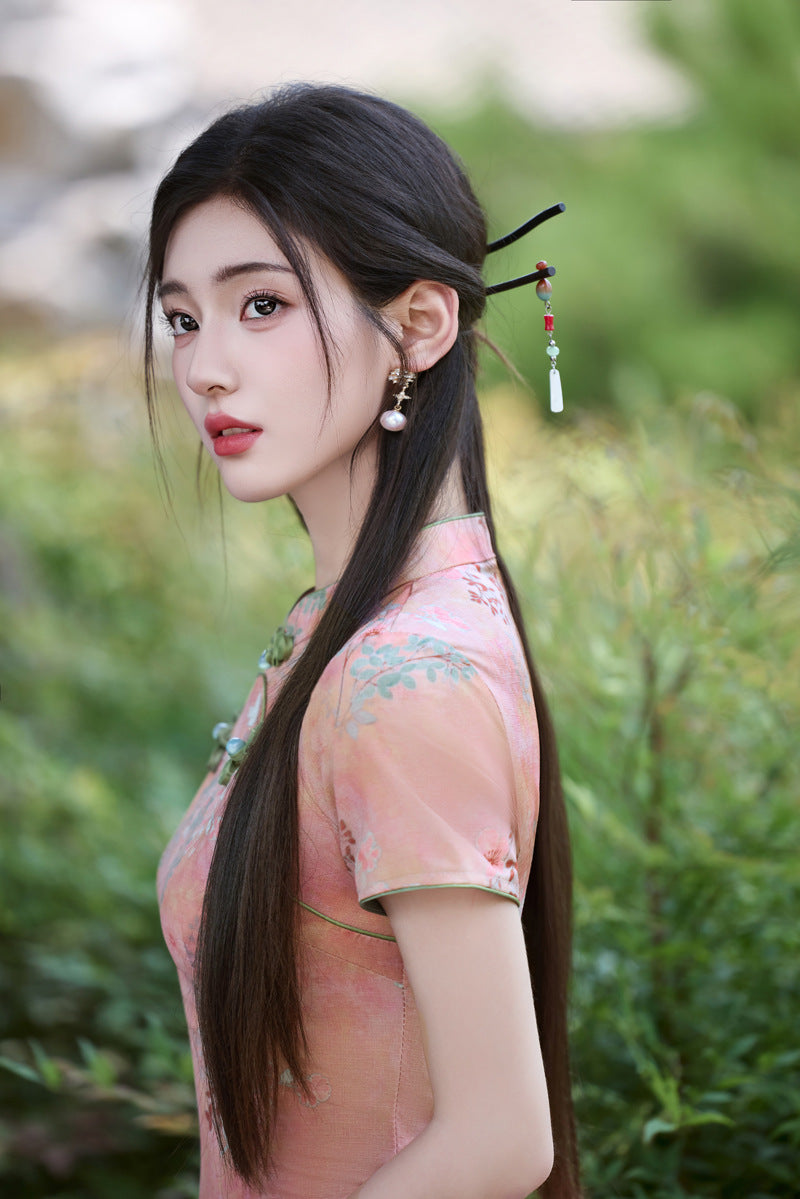 Peach Floral Short Qipao Dress for Women | Green Piping Frog Buttons Mandarin Collar Slim Fit