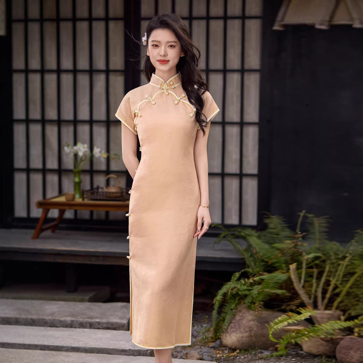 Champagne Apricot Gold Jacquard Short Sleeve Qipao Dress | Mandarin Collar Slim Maxi Cheongsam