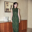 Green Checker Jacquard Sleeveless Qipao Dress | Mandarin Collar Slim Maxi Cheongsam