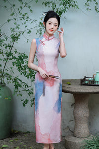 Watercolor Ombre Sleeveless Qipao Maxi | Pink–Blue Mandarin Collar