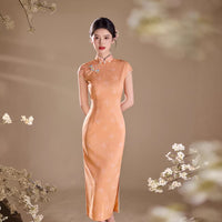 Orange Tonal Jacquard Short Sleeve Qipao Maxi Dress | Mandarin Collar Slit Cheongsam