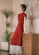 Wine Red Jacquard Mandarin Qipao Dress | A-Line Slim Waist Layered Pleated Tassel Skirt New Chinese Style