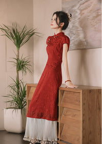 Wine Red Jacquard Mandarin Qipao Dress | A-Line Slim Waist Layered Pleated Tassel Skirt New Chinese Style