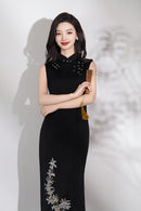 Black Embroidered Modern Qipao Midi | Sleeveless Mandarin Neck, Beaded Frogs