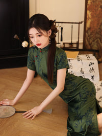 Summer Green Jacquard Qipao | Cap-Sleeve Long Vintage Dress