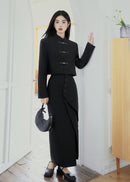 Black Modern Tang Suit Set | Mandarin-Collar Jacket & Slit Maxi Skirt for Early Spring