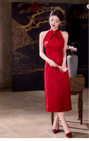 Festive Red Halter-Neck Jacquard Modern Qipao Maxi | Bias-Cut Slim Silhouette with Side Slit