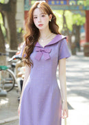 Purple Sailor Bow Midi Qipao Dress | Slim Side-Slit, Retro Sweet