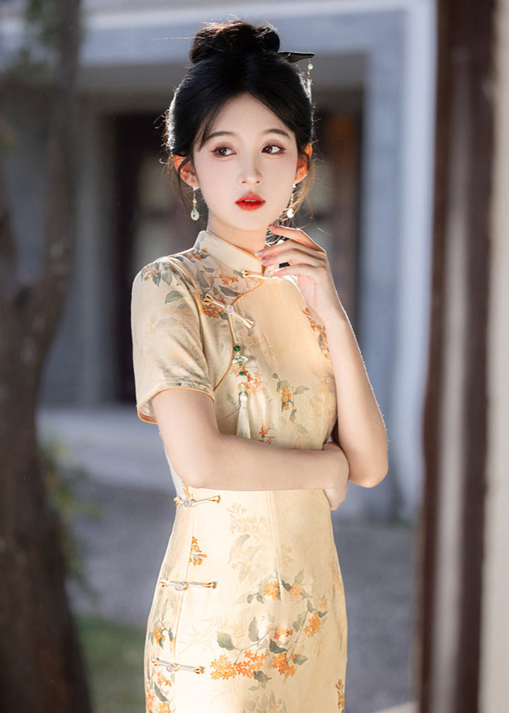 天鹅绒黑色碎花旗袍连衣裙优雅晚装风格