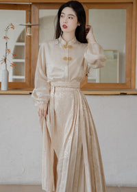 Cream Jacquard Mamian Skirt Set | Mandarin-Collar Puff-Sleeve Top