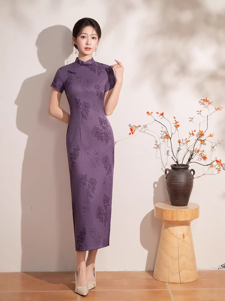 Vintage Purple Jacquard Short Sleeve Qipao Dress | Mandarin Collar Slim Midi Cheongsam