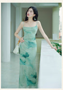Modern Chinese Ink-Print Two-Piece Set | Sheer Frog-Button Top + Slim Maxi Dress