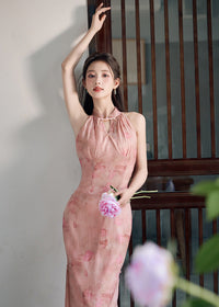 Chinese Style Pink Gradient Halter Cold-Shoulder Qipao Dress