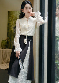 Modern Chinese Two-Piece Set | Tassel Frog-Button Blouse & Layered Wrap Skirt