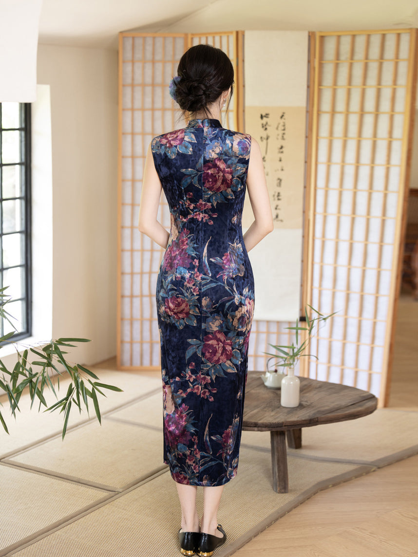 Blue Printed Sleeveless Qipao | Mandarin-Collar Slim Maxi with Side Slit for Banquets & Weddings