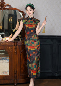 Colorful Sleeveless Plaid Qipao Dress