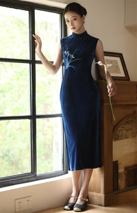Sleeveless Navy Embroidered Qipao Long Dress | Mandarin Collar Slim Silhouette