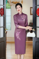 Aubergine Acetate Stretch Satin Embroidered Modern Qipao Midi | Mandarin Collar Keyhole
