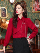 Elegant Chinese-Style Red Blouse With Unique Frog Button Design, Ideal For Traditional Wear