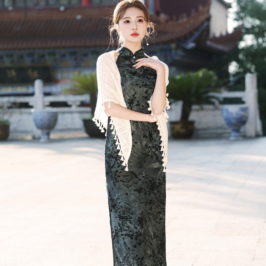 优雅奶油色流苏汉服披肩柔软针织披肩，适合传统服装分层搭配