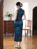 Deep Teal Floral Qipao Dress | Modern Chinese Sleeveless Mandarin Collar Slim Midi Dress