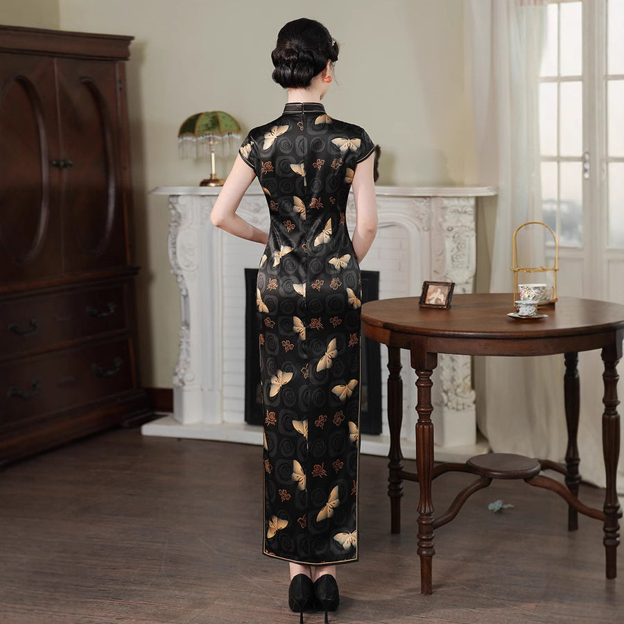 Silk Cheongsam Dress with Floral Butterfly Pattern