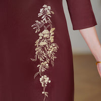 Acetate Stretch Satin Embroidered Qipao Midi | Mandarin Collar