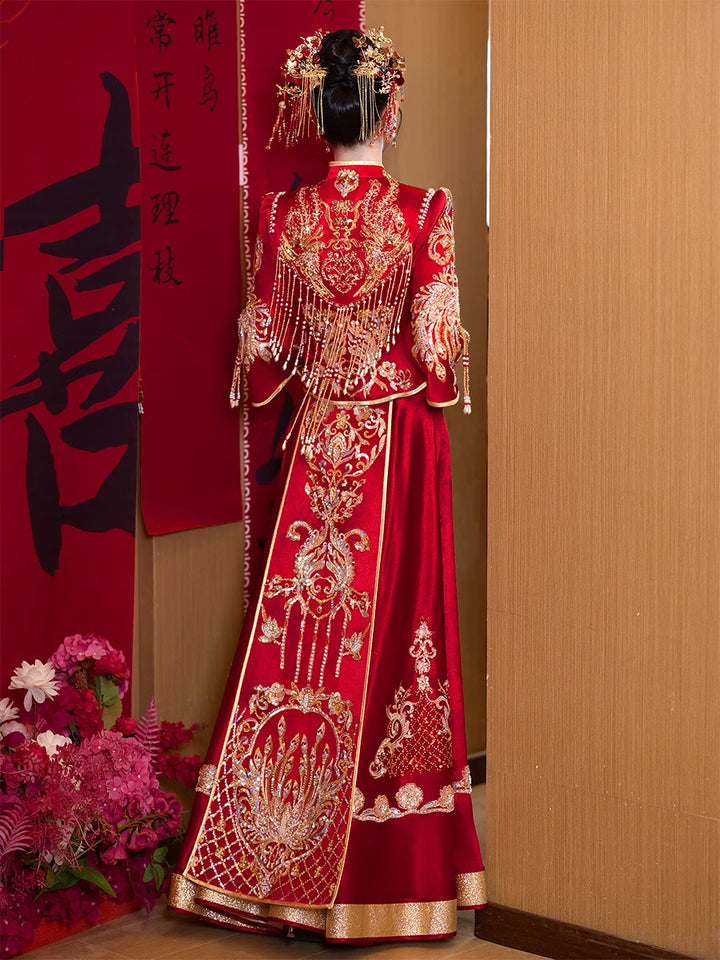 新款中式无袖旗袍新娘结婚晨袍