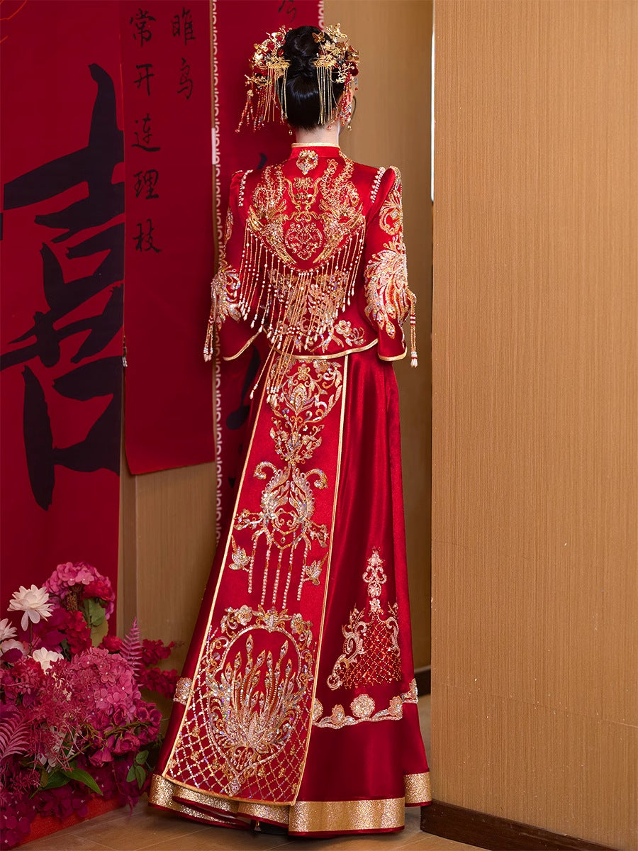 新款中式无袖旗袍新娘结婚晨袍