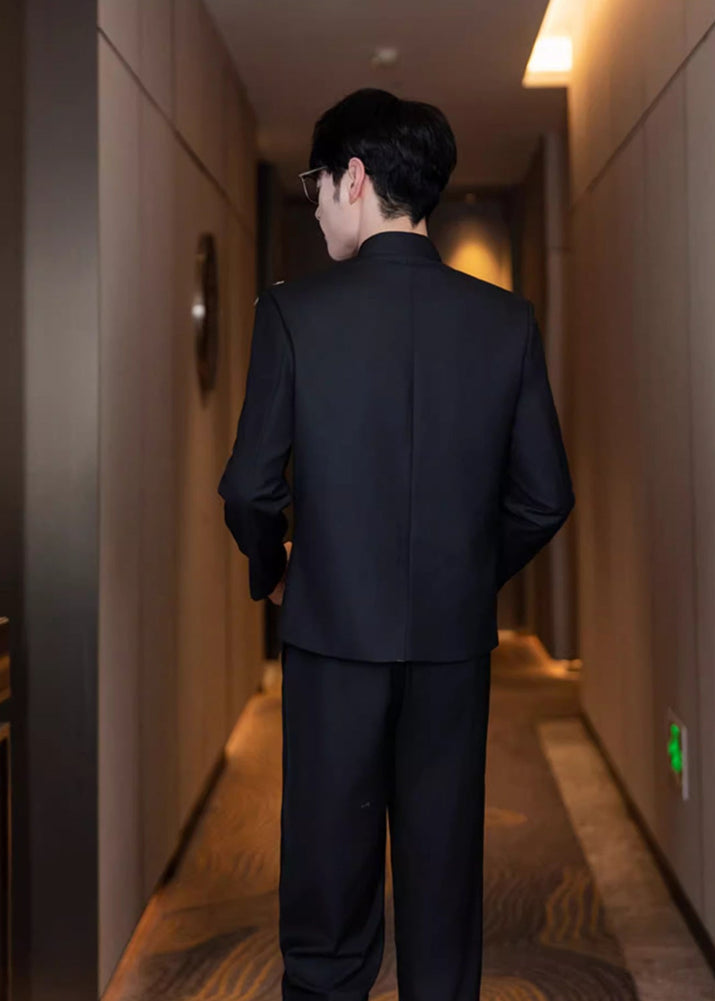 Men’s Black Bamboo Embroidery Zhongshan Suit