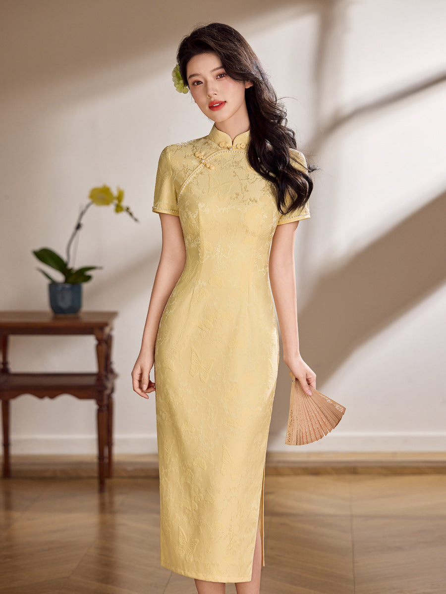 Champagne Pink Tonal Jacquard Short Sleeve Qipao Maxi Dress | Mandarin Collar Slit Cheongsam