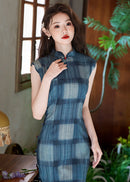 Blue Sleeveless Plaid Qipao Maxi | Vintage Minimal Slim